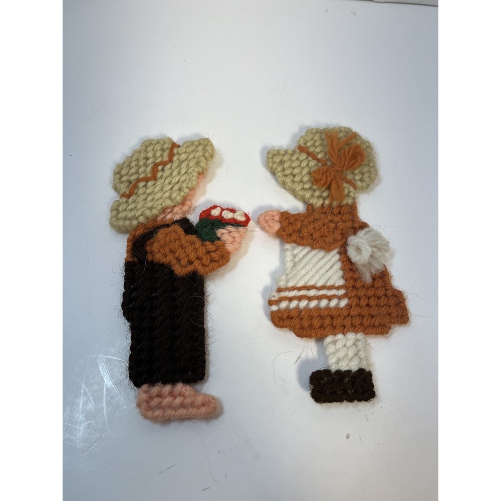 Hand Stitched Plastic Canvas Country Boy Girl Garden Vtg